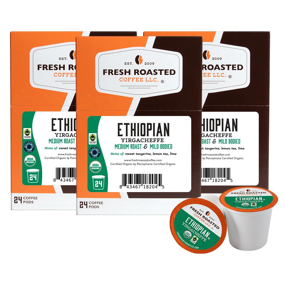 Fresh Roasted Coffee K-Cup Compatible Organic Ethiopian Yirgacheffe 72 Pods Coffee