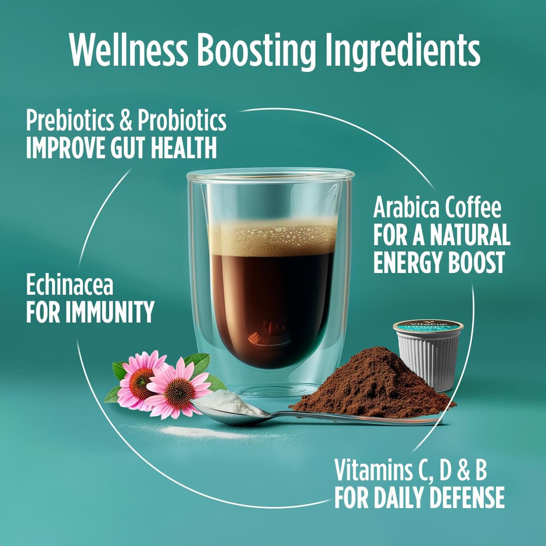Vitacup Immunity Coffee Pods, Wellness Boost With Antioxidants, Echinacea, Probiotics, Vitamin C & D3, Medium Dark Roast, Recyclable Single Serve Pod Compatible With Keurig K-Cup Malt-Inspired,16 Ct