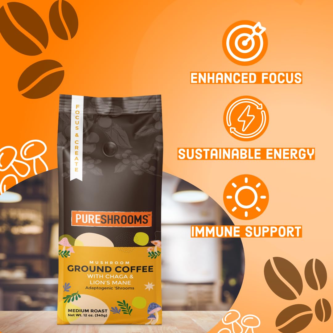 Mushroom Ground Coffee W/Ultra Concentrated 30:1 Organic Lion'S Mane & Chaga. Medium Roast - Focus Boosting Coffee (Focus & Crea