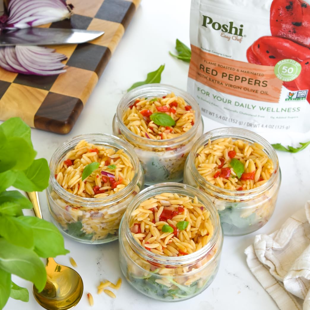 POSHI Flame Roasted Red Peppers in Extra Virgin Olive Oil Natural, Keto, Vegan, Non GMO, Low Carb + Calorie, Gluten Free, Ready