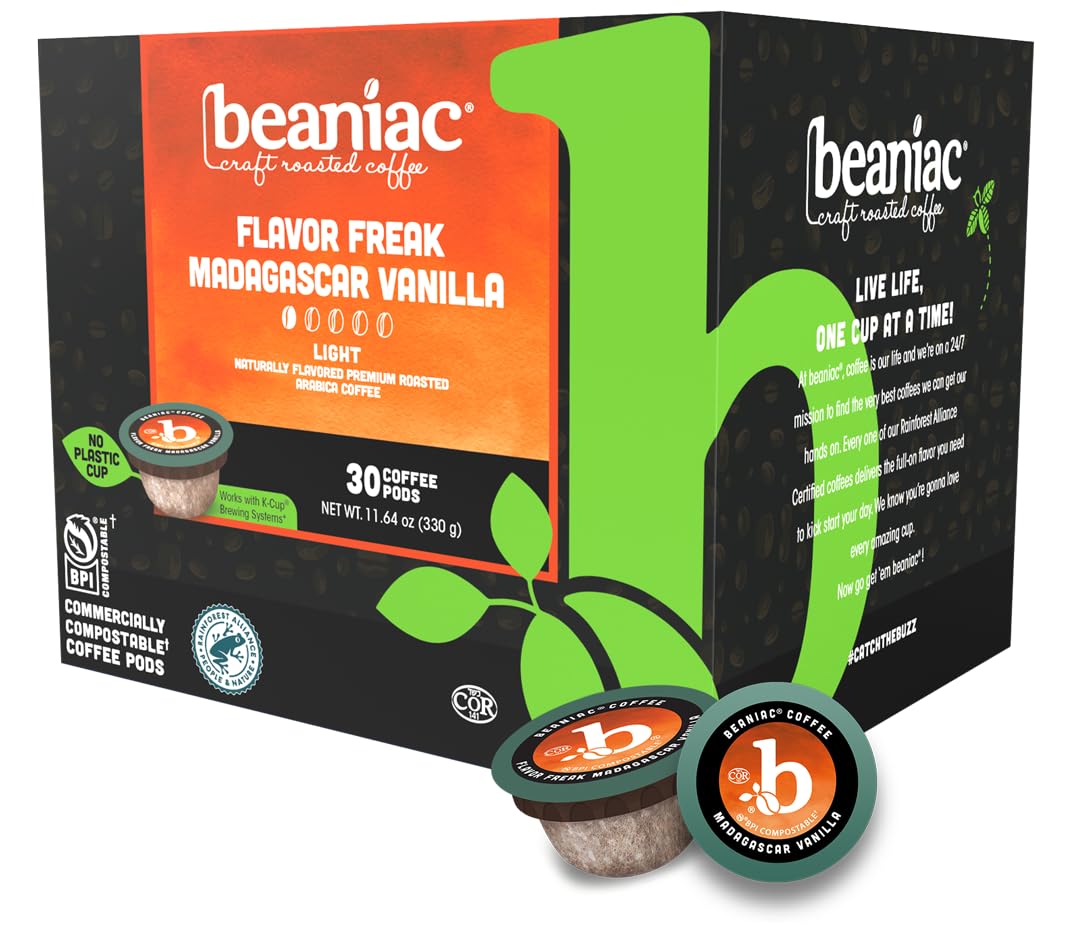 beaniac Flavor Freak Madagascar Vanilla  Flavored Light Roast  Single Serve Compostable K Cup Coffee Pods  Arabica Coffee with Natural Flavors  Keurig Brewer Compatible  30 Count