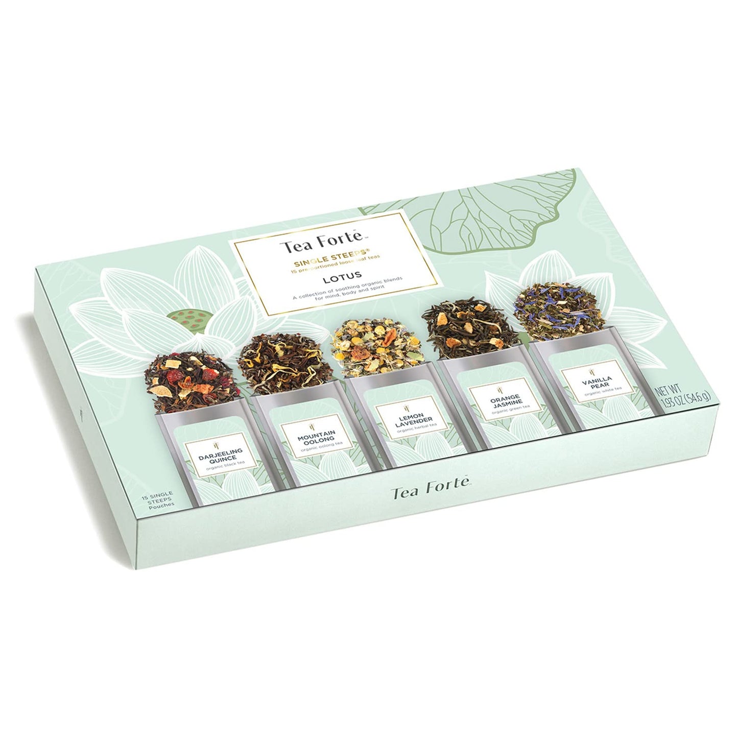 Tea Forte Single Steeps Loose Leaf Lotus Tea Sampler, Assorted Variety Tea Box, Serve Pouches,15 Count (Pack Of 1)