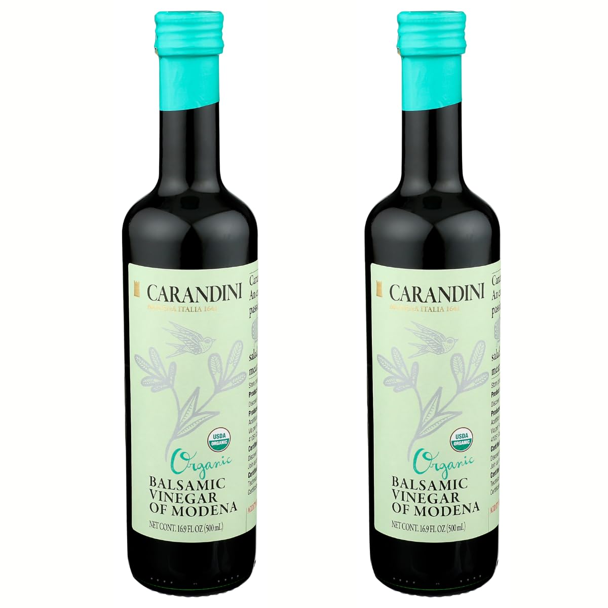 Carandini Silver Leaf Organic Balsamic Vinegar of Modena PGI, Gluten-Free | For Salad, Vegetables, Cheese - Pack of 2, 16.9 Fl o