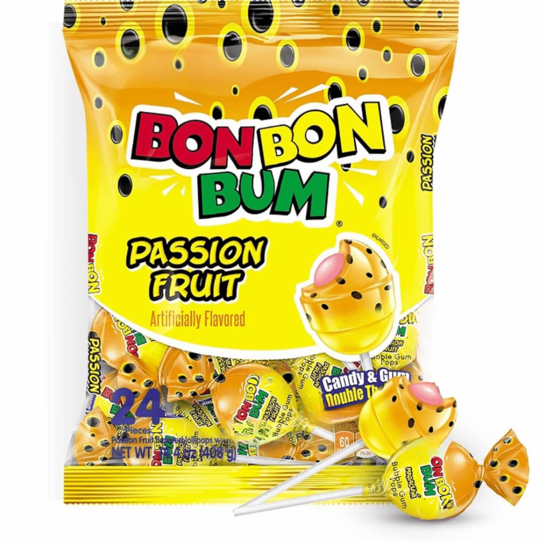 Bon Bon Bum - Fruity Lollipop with Bubble Gum center - Perfect for Parties and Sharing (24 Pieces, Maracuya (Passion Fruit))