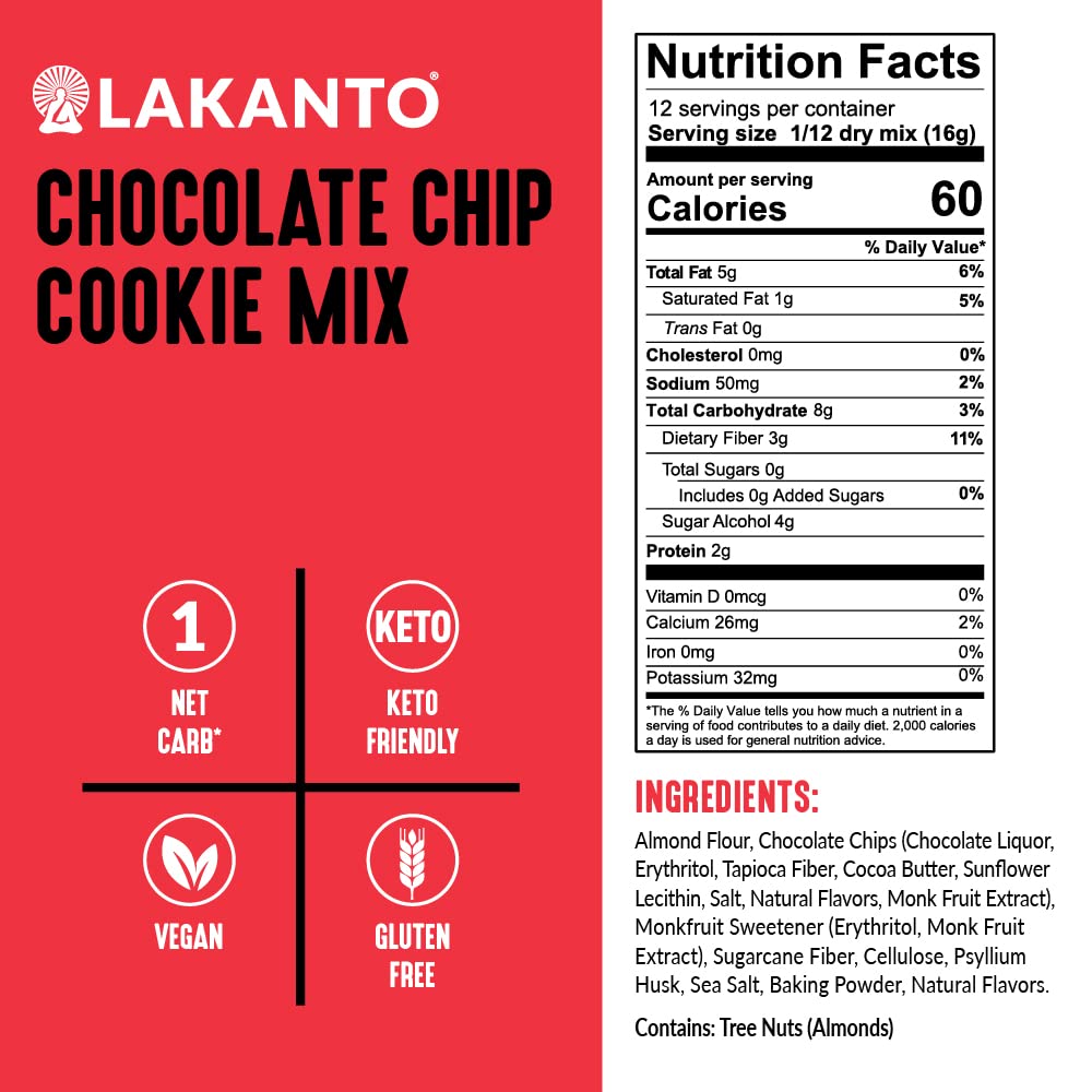 Lakanto Sugar Free Chocolate Chip Cookie Mix - Sweetened with Monk Fruit Sweetener, Gluten Free, Keto Diet Friendly, Vegan, 2g N