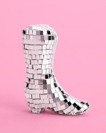 xo, Fetti Disco Ball & Cowgirl Boot Cake Topper Set - 5 Pieces for Bachelorette, Rodeo Birthday, 70s Groovy Decor, Silver