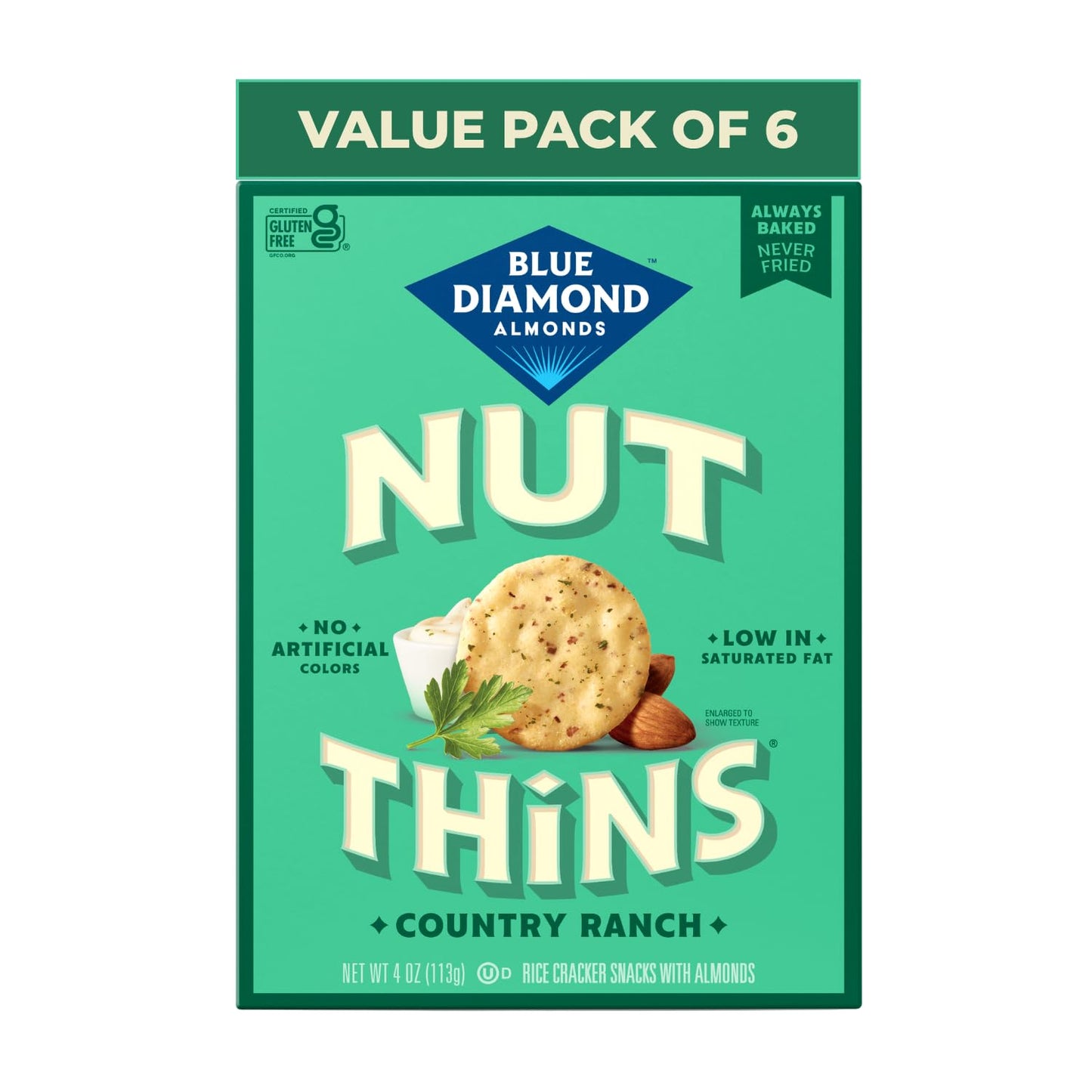 Blue Diamond Almonds, Country Ranch Flavored Nut Thins Rice Crackers, Bulk Pack of 6, Gluten Free Snacking, Non-GMO, Guilt Free 