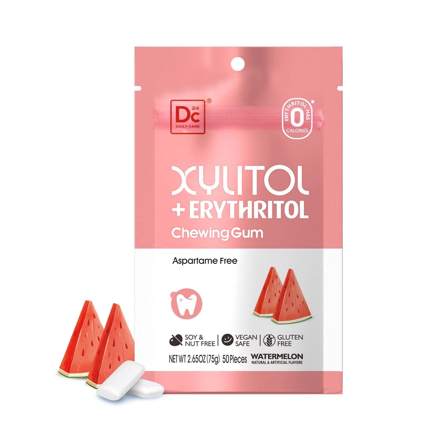 DC24 DAILY CARE Gum, Aspartame Free & Sugar Free, Xylitol Chewing Gum with Erythritol, Low-Calorie, Sugarless, Watermelon Flavor