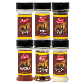 Lieber's Spice Set, Complete New Home Starter Seasoning Kit, 6 Piece Spices Gift Set Featuring Garlic Powder, Onion Powder, Blac