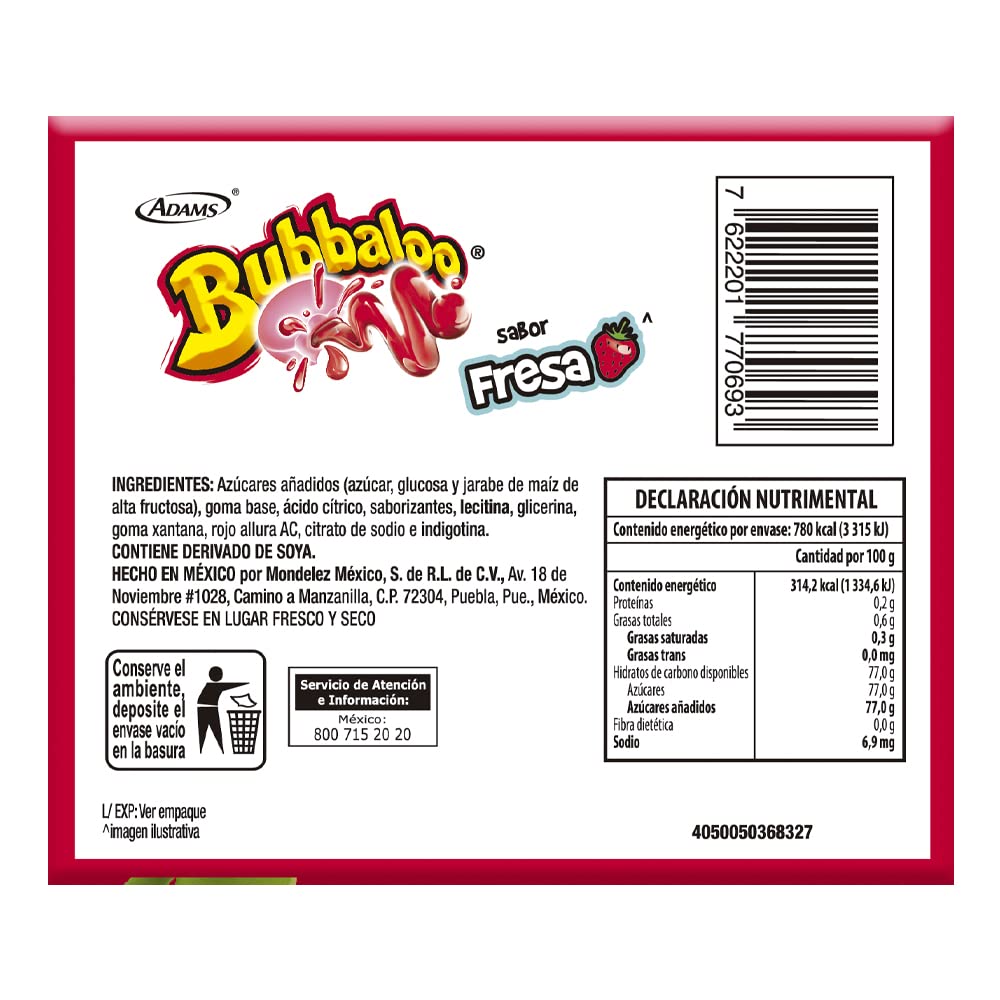 Bubbaloo Adams- Goma De Mascar 47 Pz- Sabores Varios (Fresa, 47Pz)