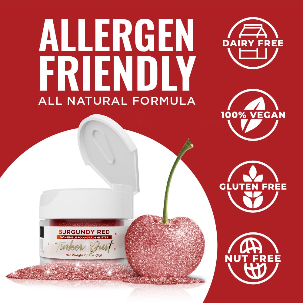 Bakell - Burgundy Red Tinker Dust (5G, 1X Jar) Edible Glitter For Food, Desserts, And Beverages!