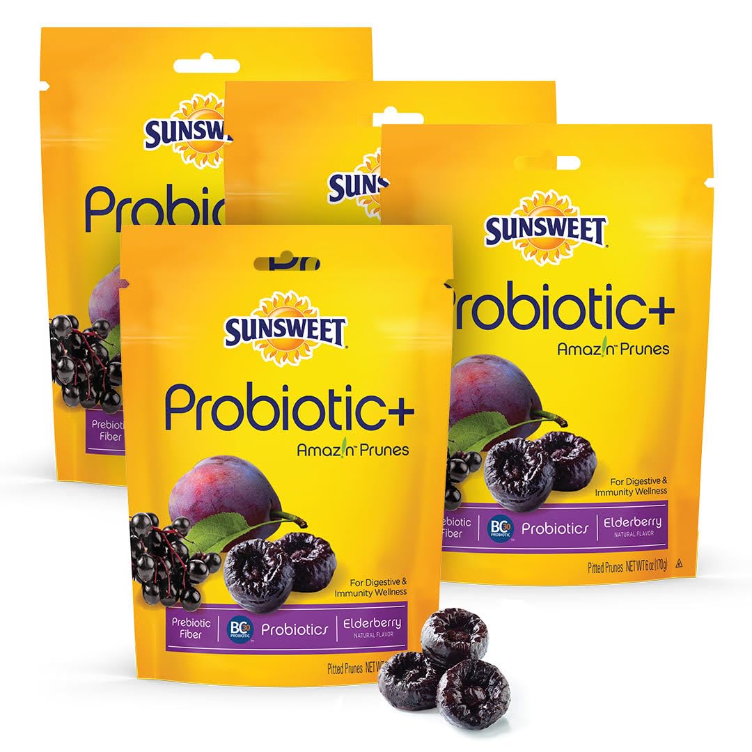 Sunsweet Pitted Prunes with Probiotics - Unsweetened, Dried, Gluten Free & Unsulphured - Natural Elderberry Flavor - Fiber & Min