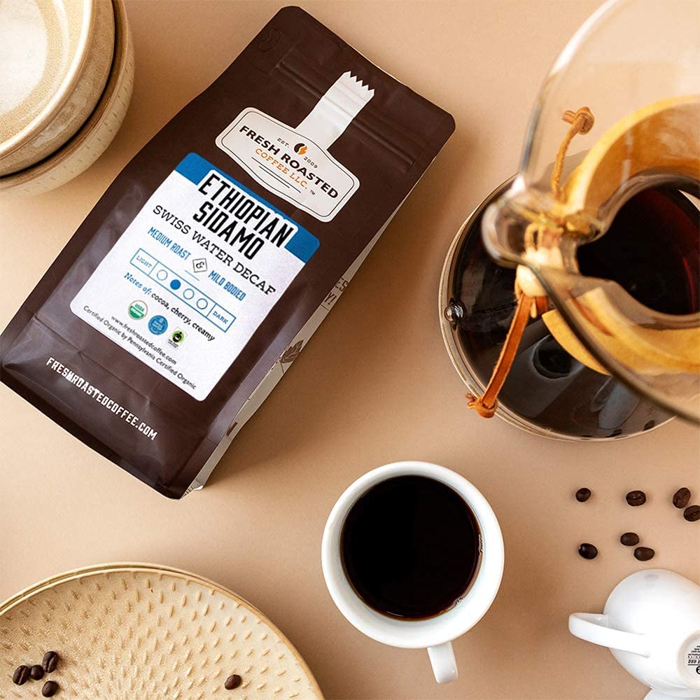Fresh Roasted Coffee, Fair Trade Organic Ethiopian Sidamo Water Decaf, 2 Lb (32 Oz), Kosher, Medium Roast, Ground