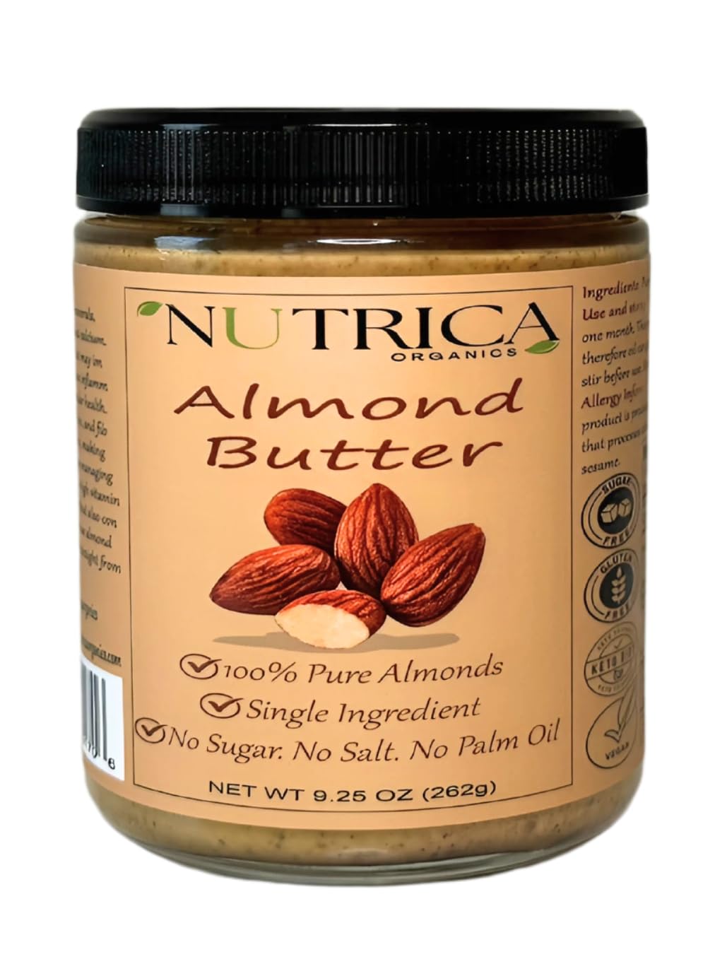 100% Pure Almond Butter, Single Ingredient, No Salt, No Sugar, No Palm Oil, Glass Double Sealed Jar, No Additives, Vegan, Plant 