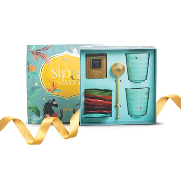 CHAYAM Luxury Tea Gift Set - 10 Tea Bags, 50g Lavender Vanilla Loose Leaf, 2 Ceramic Cups, Brass Infuser, Perfect Gift for Tea Lovers