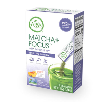 Aiya Matcha+ Focus - Peach Flavored Matcha Drink Mix with L-Theanine - 220mg L-Theanine - Natural Focus Booster - Premium Japane