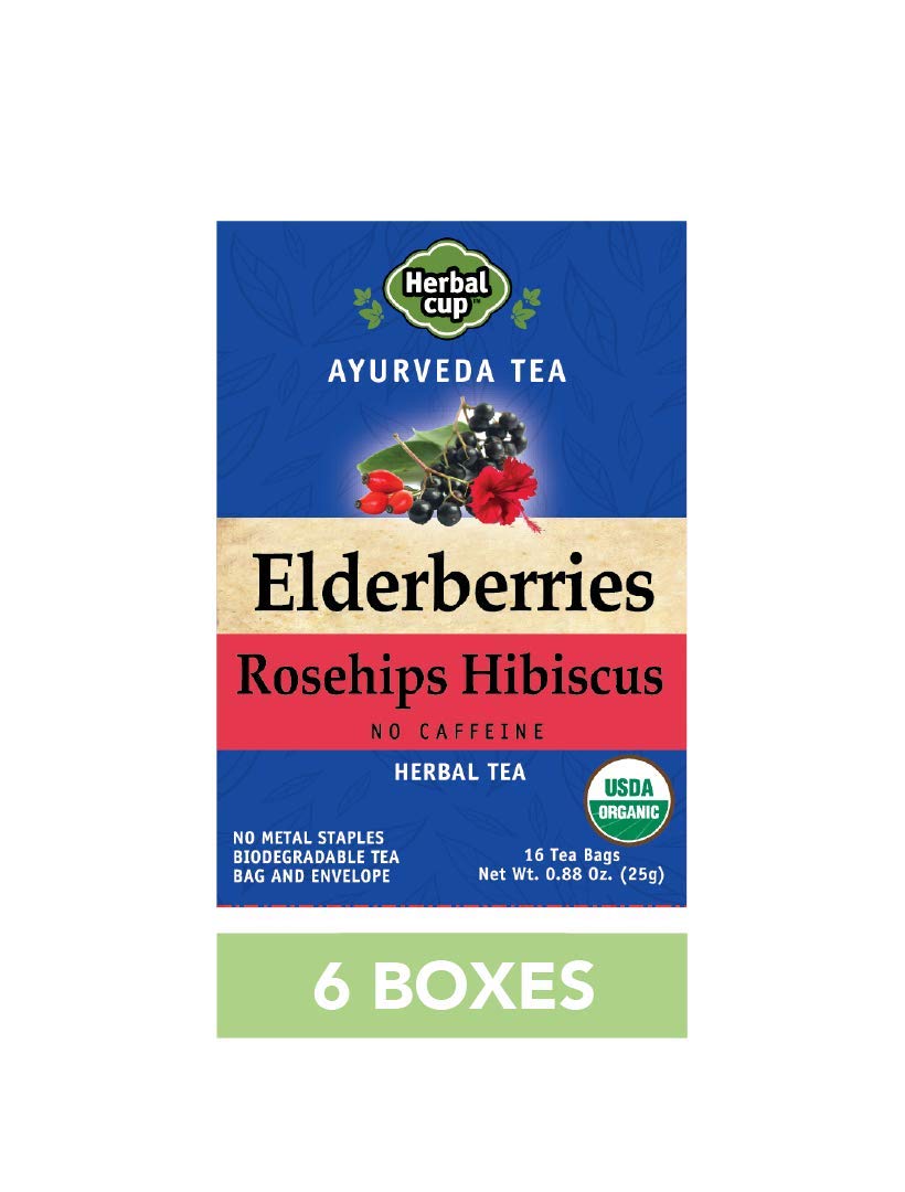 Herbal Cup Ayurveda Elderberries Tea, Organic Rosehips Hibiscus, No Caffeine Herbal Nutrition Product (16 Count, Pack Of 6)
