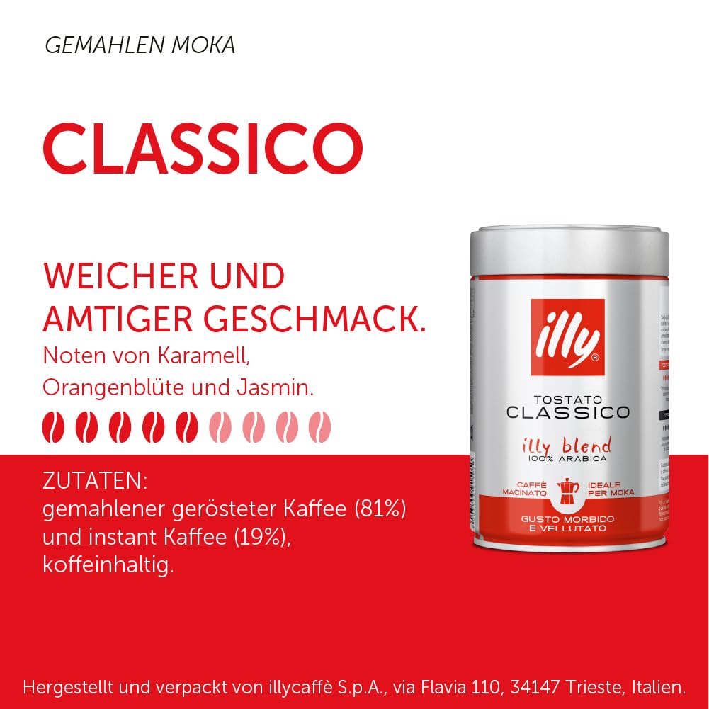 illy Ground Coffee Moka - 100% Arabica Flavored Coffee Ground - Rich Aromatic Coffee Grounds Profile - Classico Medium Roast - N