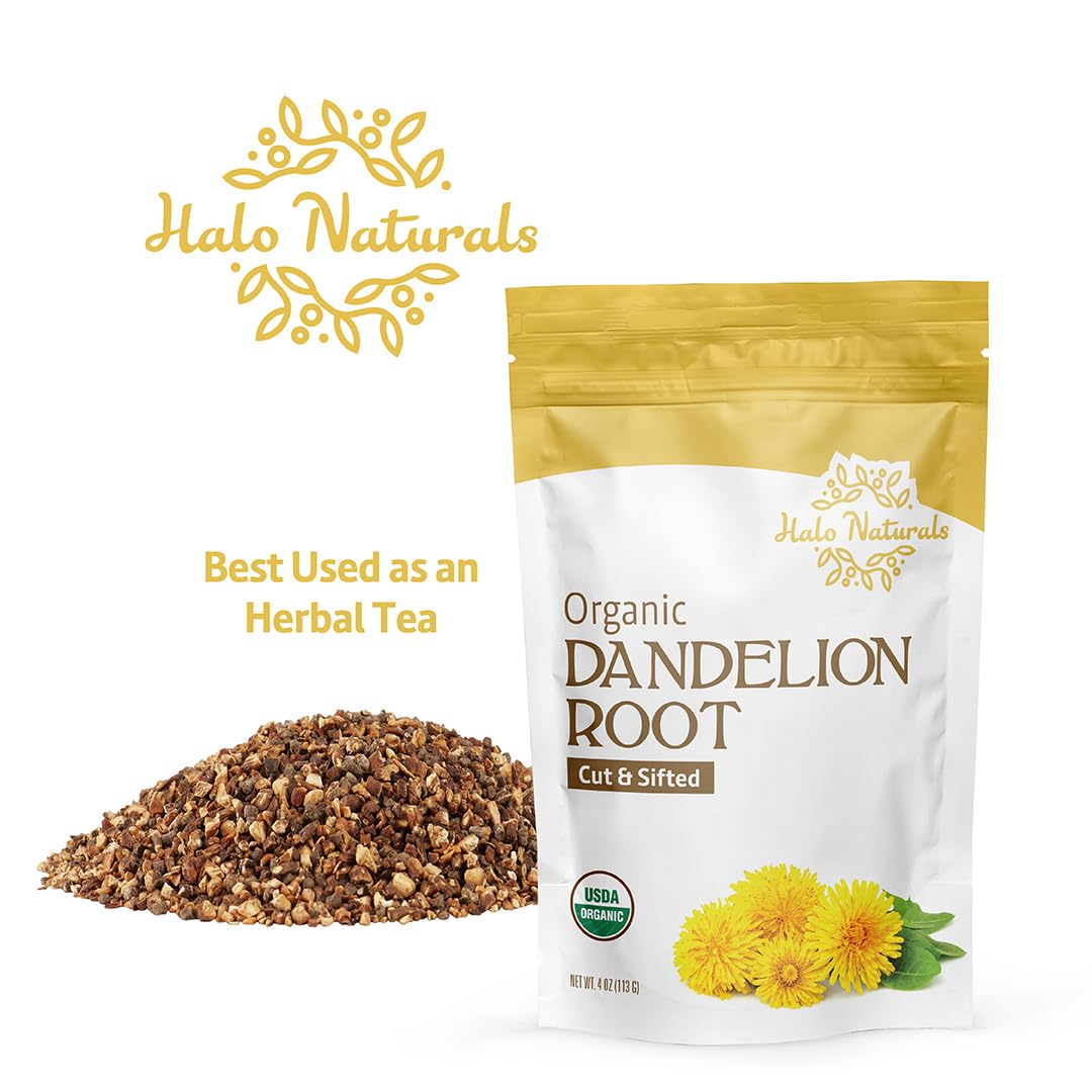 Halo Naturals Organic Dandelion Root Cut & Sifted  4 Ounces (Taraxacum officinale) USDA Certified | Resealable Pouch| Packaged in The USA