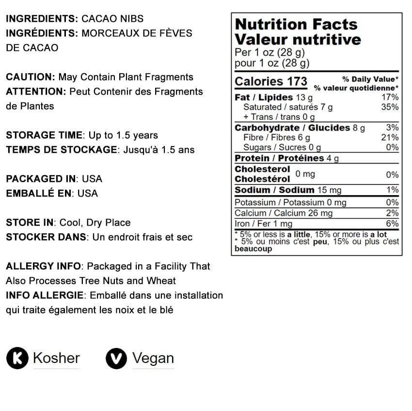 Food to Live Cacao Nibs, Raw Unsweetened, Kosher Vegan, 8 Ounces