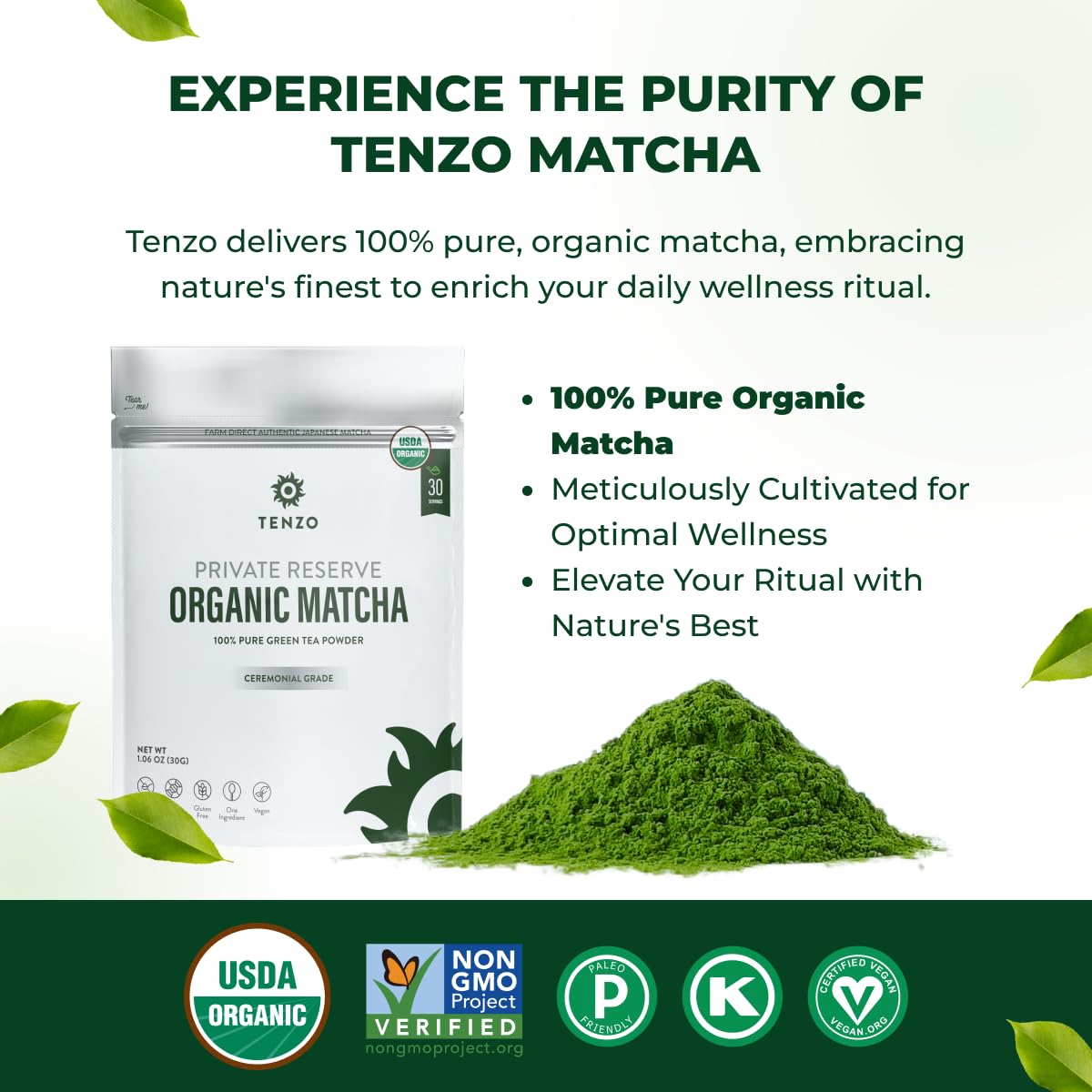 Tenzo Matcha Green Tea Powder - USDA Organic Ceremonial Grade - Perfect for Lattes - 1.06 Ounce