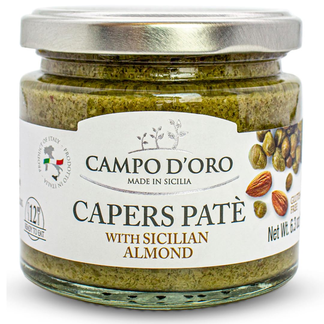 CAMPO D'ORO - Capers Pate Spreadable, Caper & Almond Sandwich Spread, Non-GMO, Product of Italy, 6.34 oz 180g