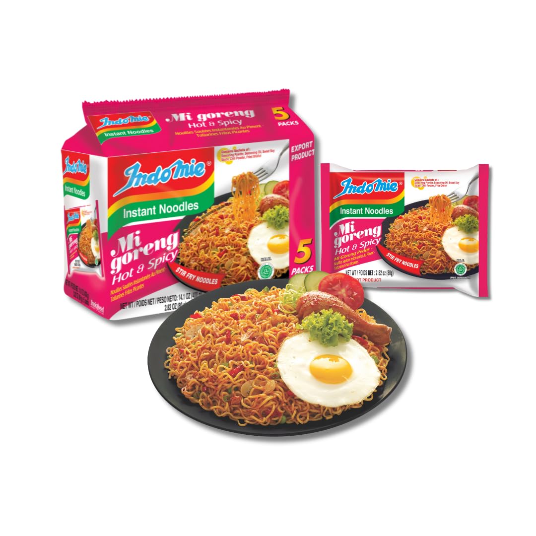 Indomie Mi Goreng Instant Noodles, Halal, 60 Pack – 30 Original + 30 Hot N Spicy Flavor, Stir Fry Style (Pack Of 60)