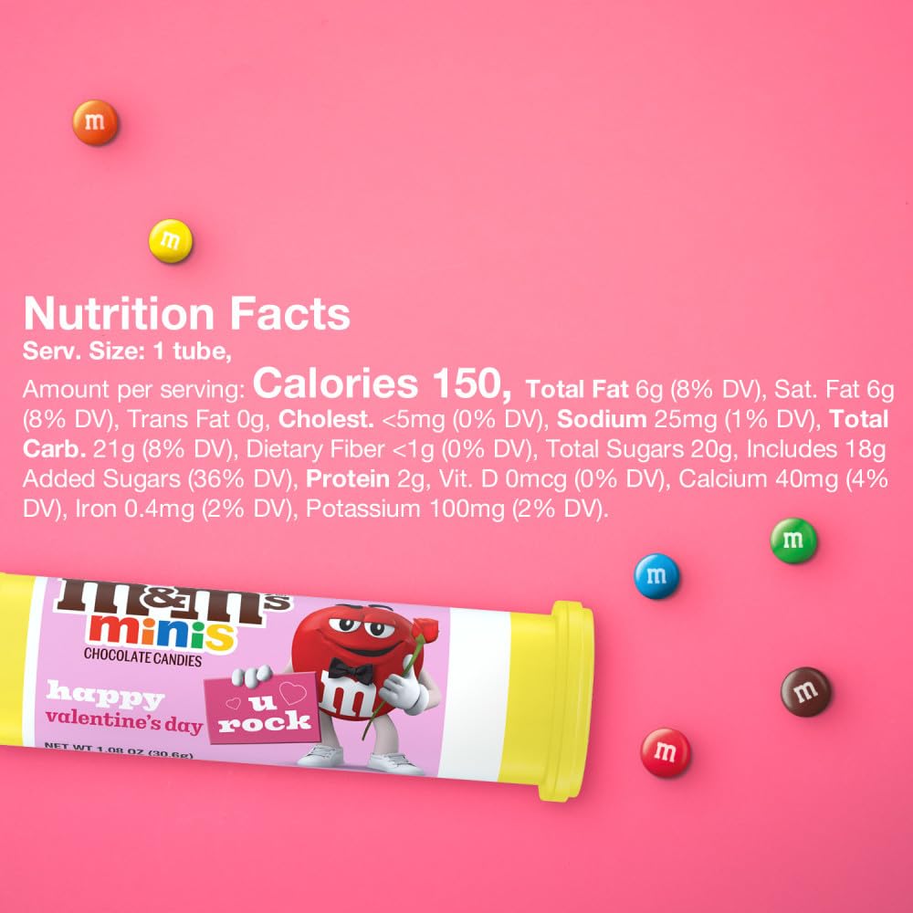 M&M'S Valentine's MINIS Milk Chocolate Candy, 1.08 oz Tube, Bulk Pack of 24, Perfect for Valentine's Day Gifts