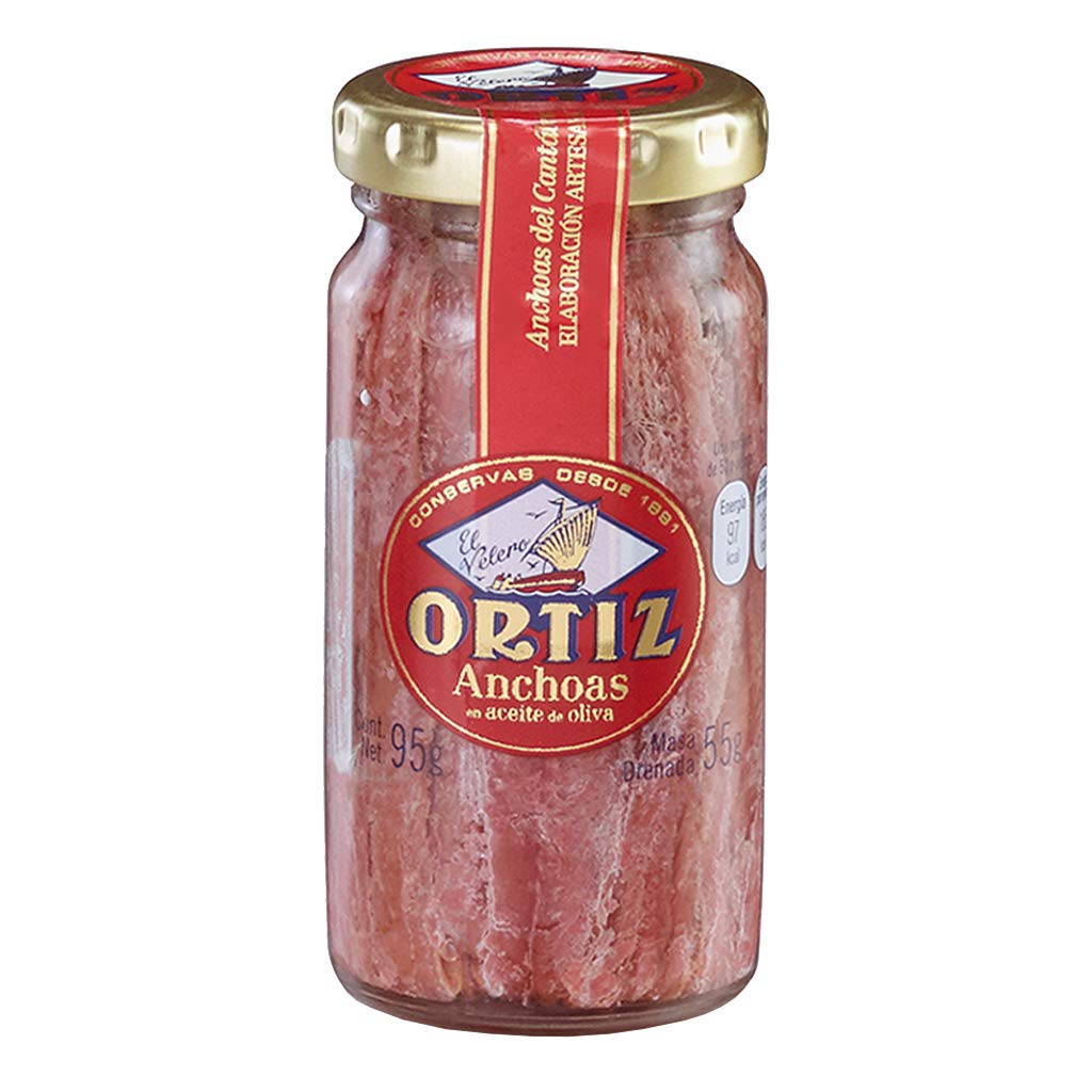 Ortiz Anchovies In Extra Virgin Olive Oil, Firm Buttery Fillets With A Rich Umami Taste, Wild Caught In Spain, Great For Pizza, Pasta And Caeser Salad, 3.3Oz Glass Jar (Pack Of 1)