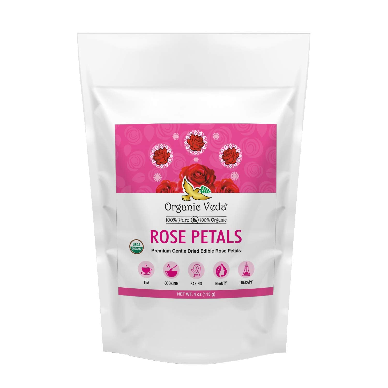 Organic Veda Dried Rose Petals  4 Oz - 100% Organic Real Edible Rose Petals - Food Grade Usda Rose Petal For Making Rose Water  Baking  Herbal Tea  Cosmetics  Decor  Bath  Toppings - Vegan  Non-Gmo