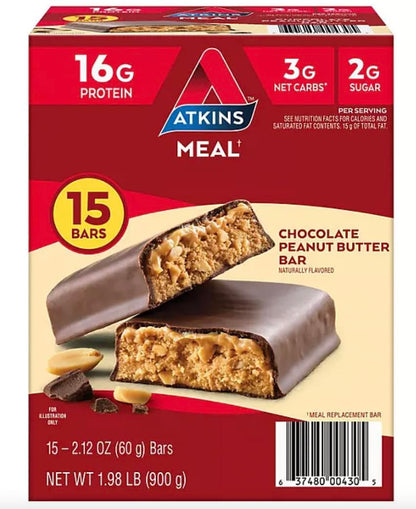 Atkins Meal Bar Chocolate Peanut Butter Pack (14 Count + 2 Bonus Bars)