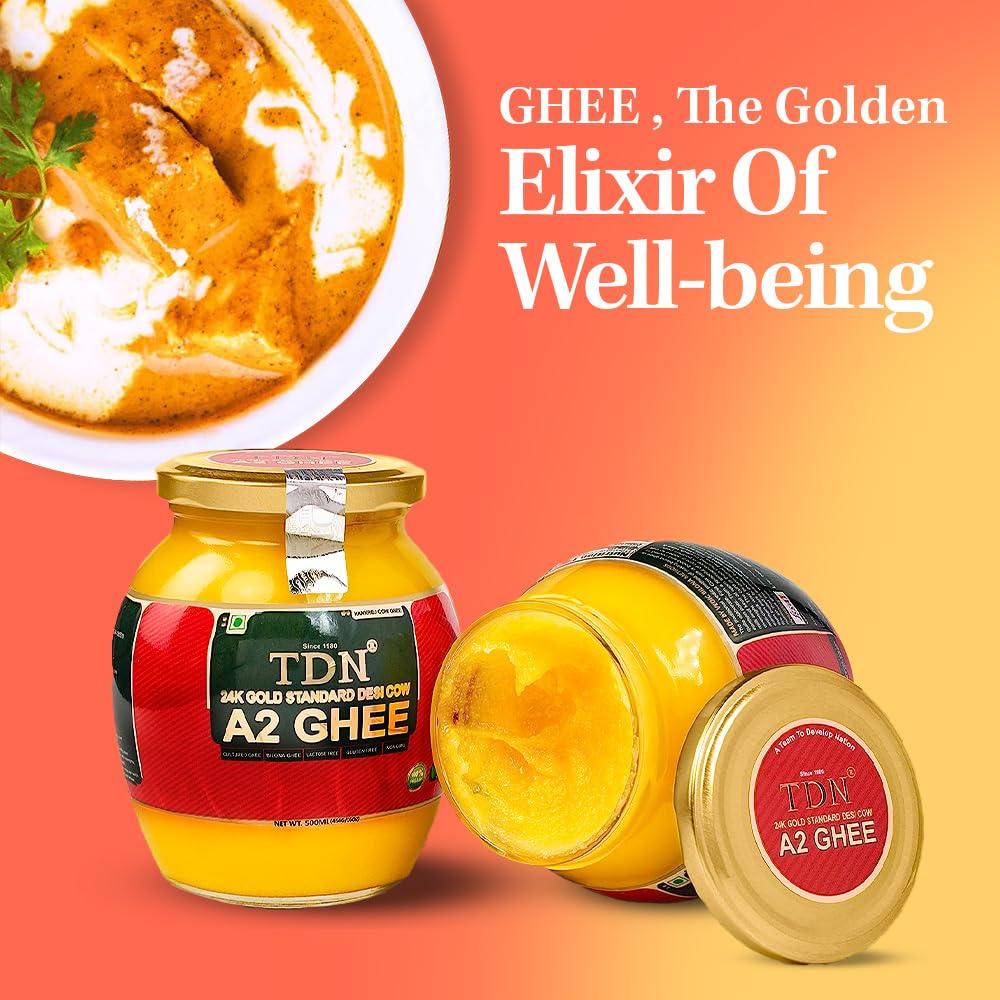 Tdn Fresh A2 Cow Ghee - 500Ml Glass Bottle, Nddb A2 Lab Certified, A2 Ghee Bilona Method, A2 Organic Cow Ghee, Grassfed, Cultured Enhanced & Traditional Ghee, Curd Churned A2 Ghee, A2 Pure Ghee