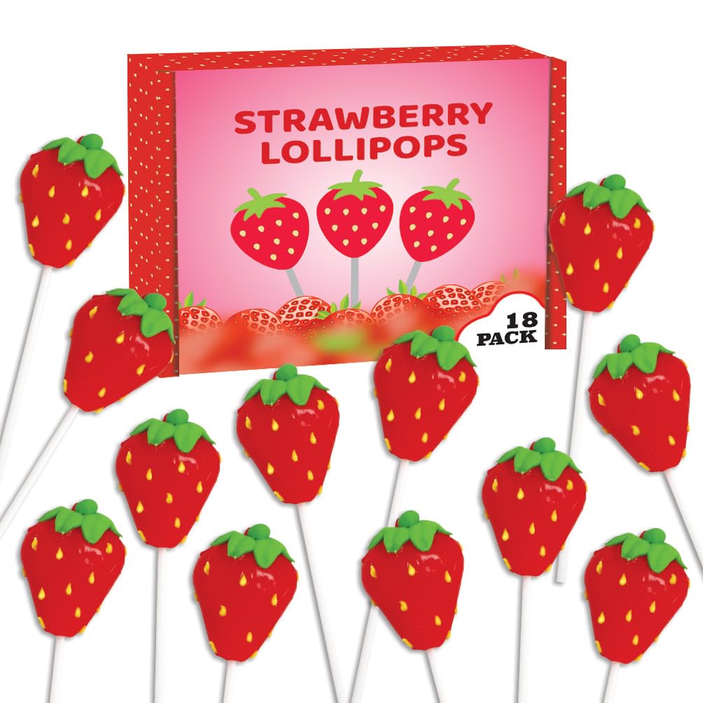 Strawberry Shaped Lollipops - 18 Individually Wrapped Suckers - Strawberry Flavored Candy - Great for Strawberry Party Favors - 