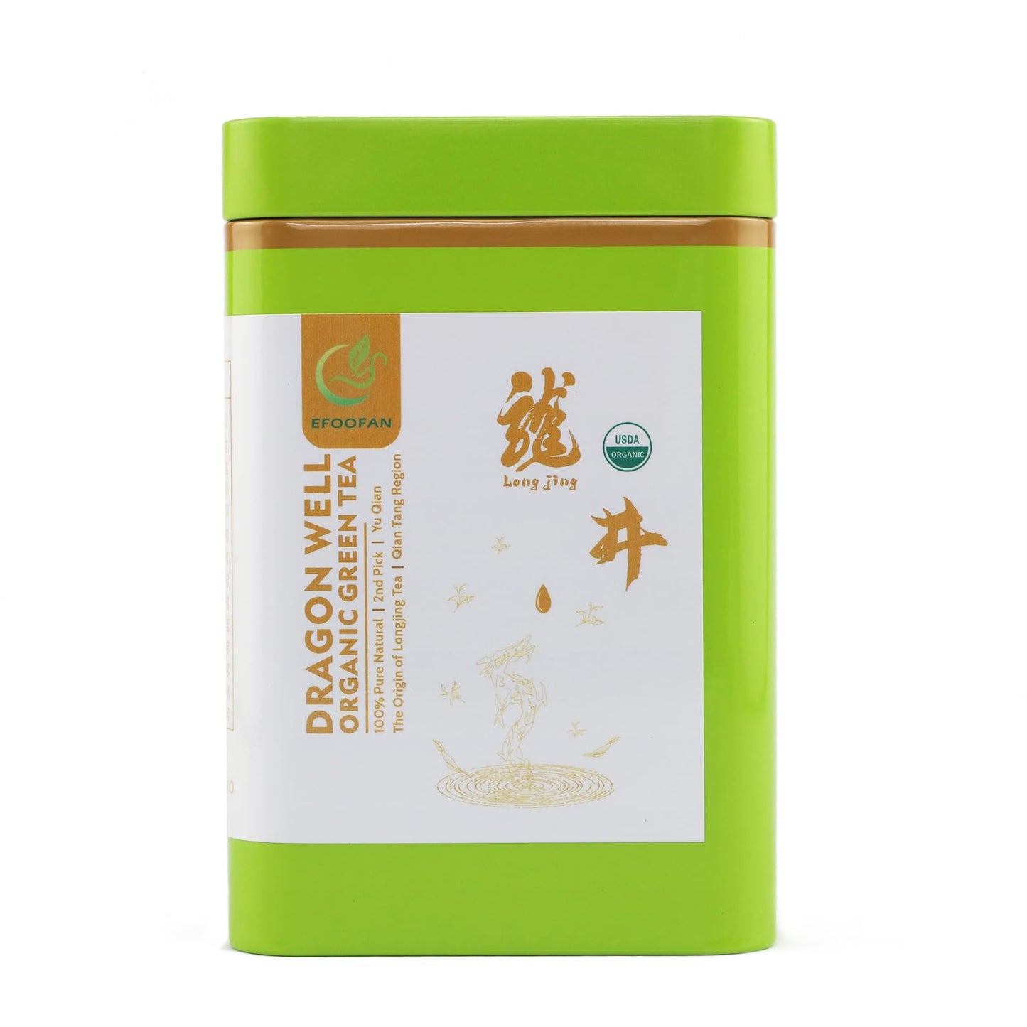 EFOOFAN Organic Dragonwell Green Tea Loose Leaf, 3.53oz/100g, USDA/EC Certified, 2nd Pick/YuQian Chinese Tea Leaves, Longjing Ch