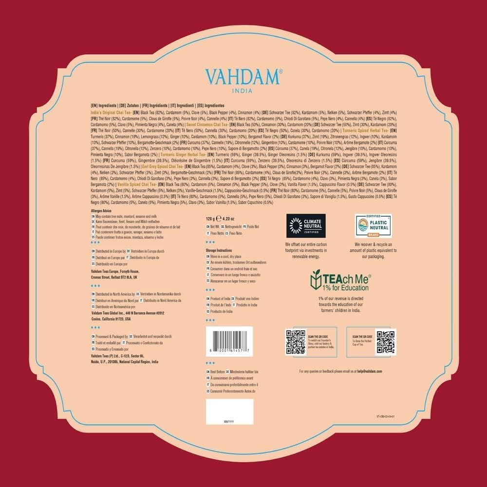 Vahdam, Assorted Chai Tea Variety Pack (6 Delicious Flavors, 36 Eco Friendly Pyramid Tea Bags) Caffeinated, Gluten Free, Non Gmo | Indian Masala Chai Tea Blends | Tea Gift Sets For Men And Women