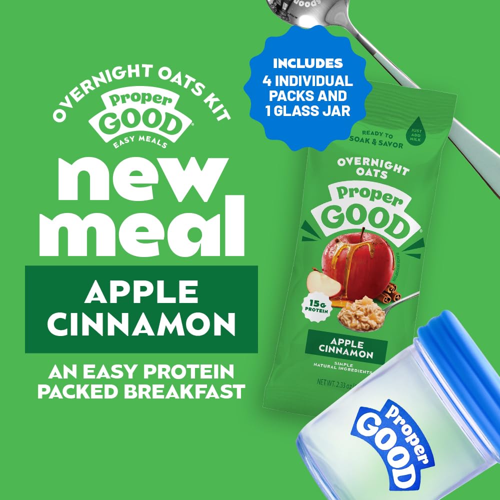 Proper Good Apple Cinnamon Overnight Oats Kit - Delicious Healthy Breakfast With 15G Protein Per Serving - Easy Meals, Natural I