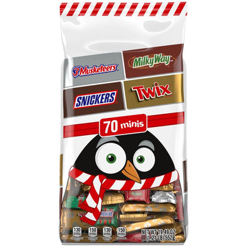 SNICKERS, TWIX, MILKY WAY & 3 MUSKETEERS Minis Milk Chocolate Individually Wrapped Christmas Candy Bars Stocking Stuffers, 70 Ct