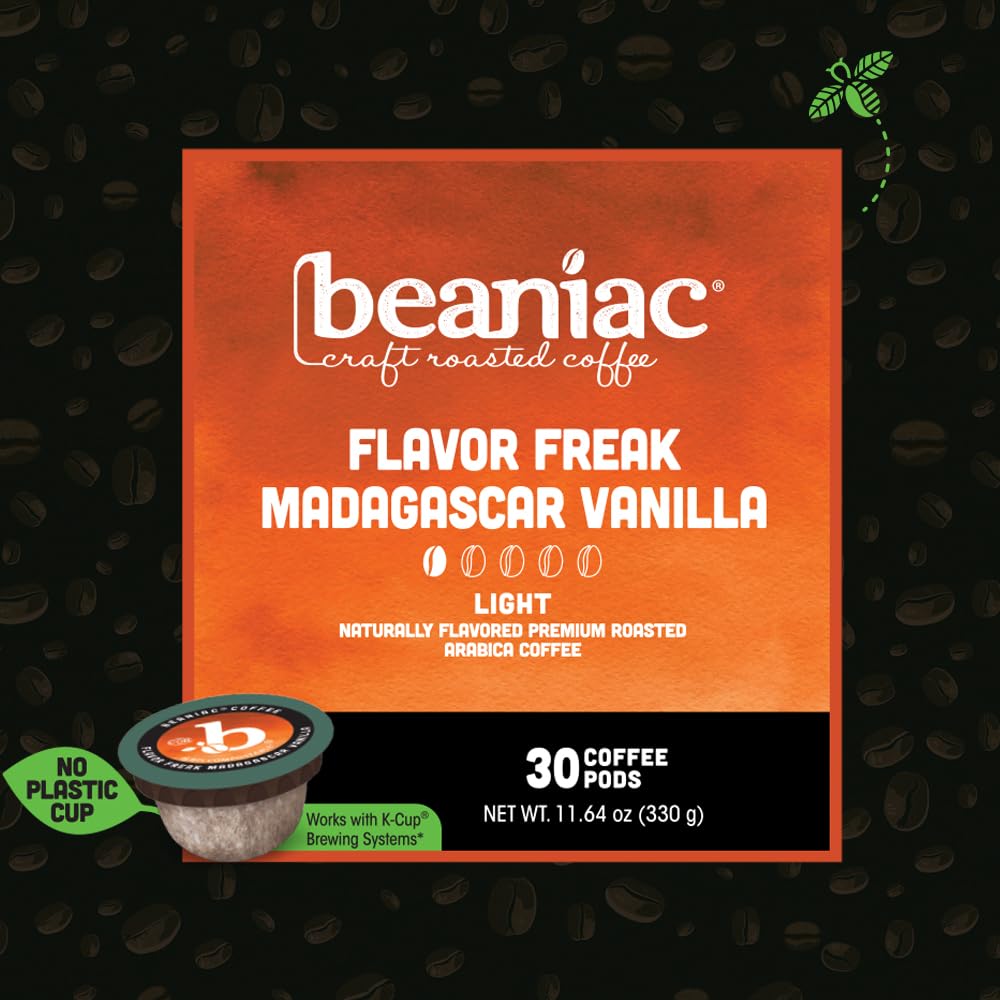 beaniac Flavor Freak Madagascar Vanilla  Flavored Light Roast  Single Serve Compostable K Cup Coffee Pods  Arabica Coffee with Natural Flavors  Keurig Brewer Compatible  30 Count