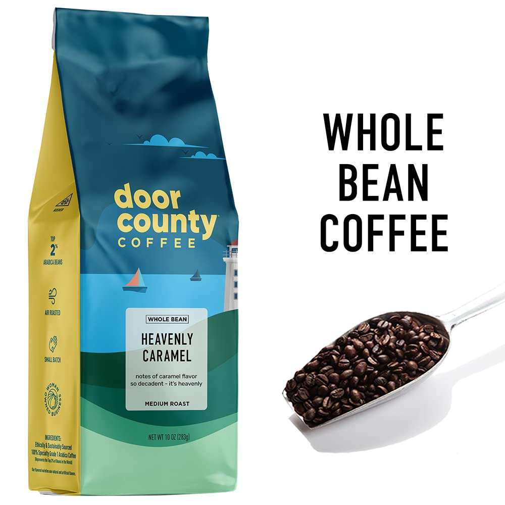 Door County Coffee - Heavenly Caramel, Sweet & Buttery Caramel Flavored Whole Bean Coffee - Medium Roast, 10 Oz Bag