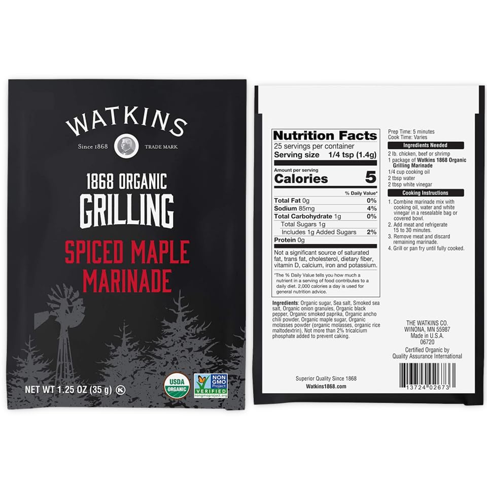 Watkins Organic Grilling Marinade, Maple Flavor, 1.25 Oz each, 12 Count