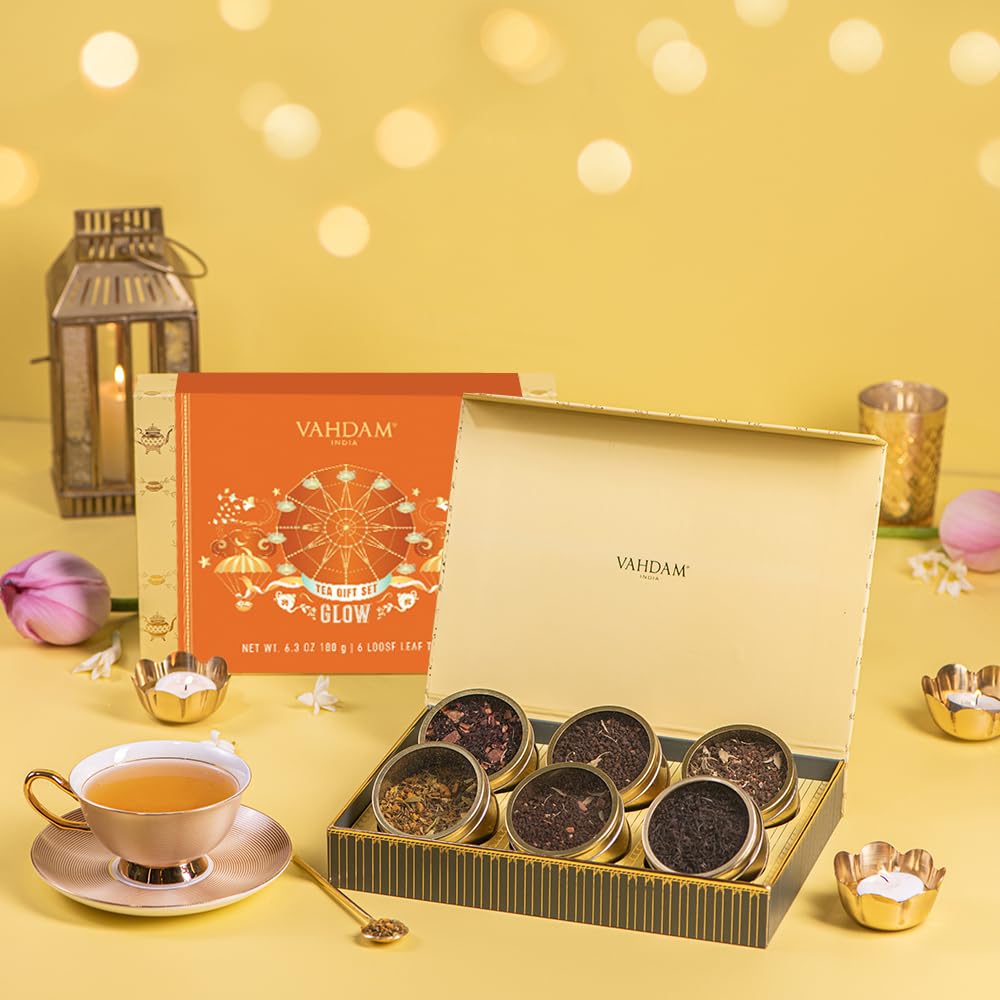 Vahdam, Glow - Assorted Tea Gift Set, 6 Teas In Luxury Gift Box | Premium Tea Gift Sets | Gluten Free & Non Gmo | Gifts For Women, Gifts For Men, Gifts For Men/Women