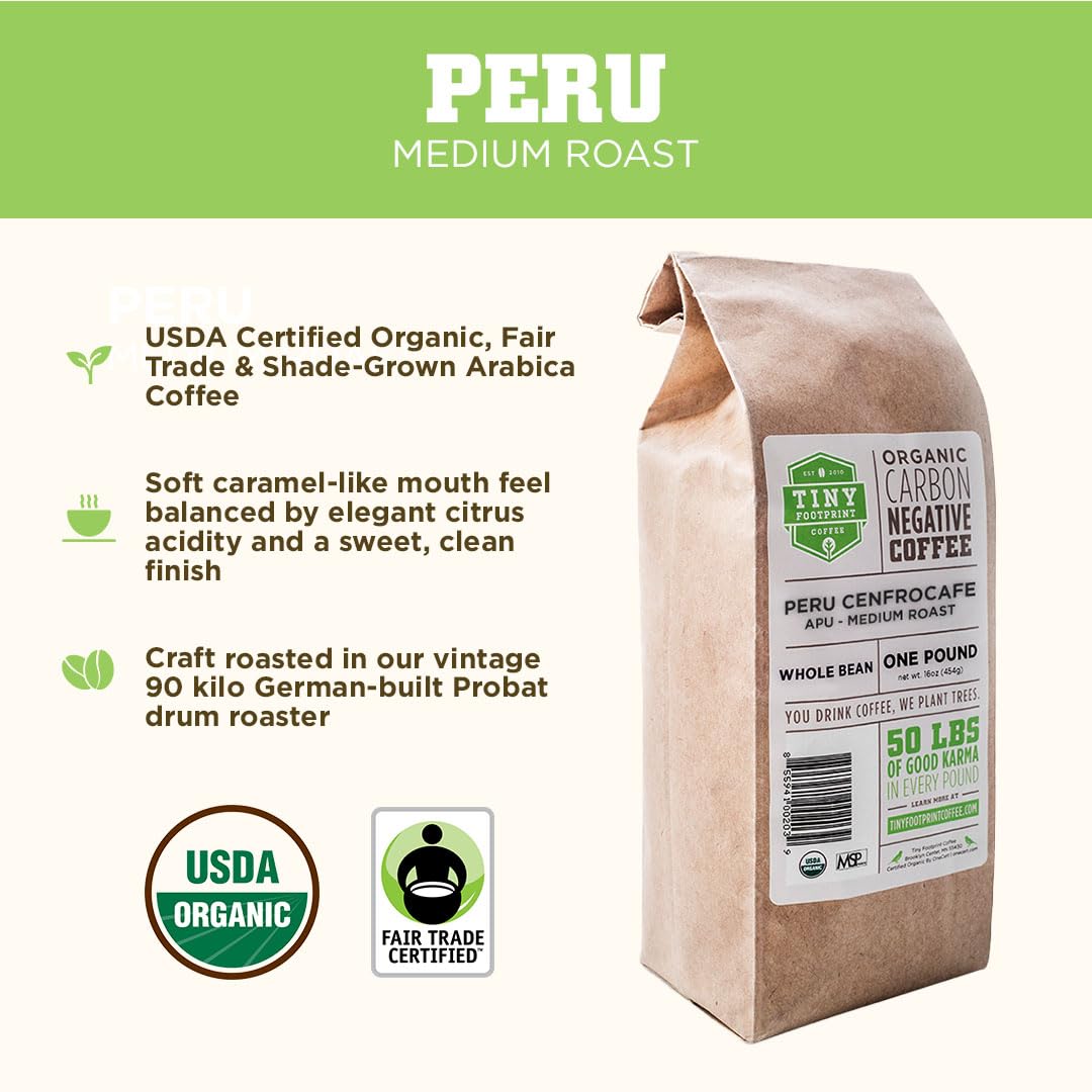 Tiny Footprint Coffee Whole Bean - Fair Trade Organic Peru APU, Medium Roast, 16 Ounce, Model 9849109