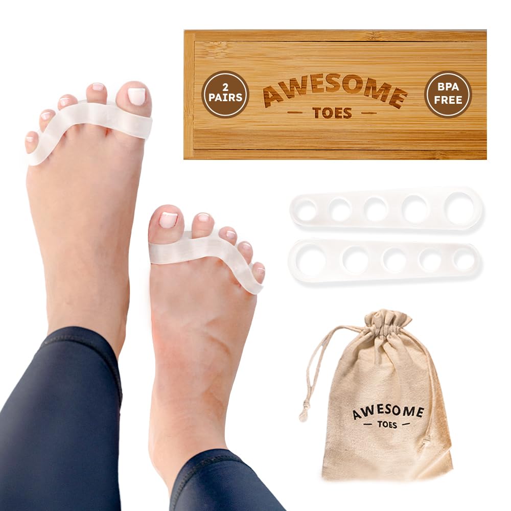 Yogabody Naturals Toe Spreaders & Separators, Fast Pain Relief From Hammertoe & Bunions, Two Pairs In Stylish Wooden Box, Latex-