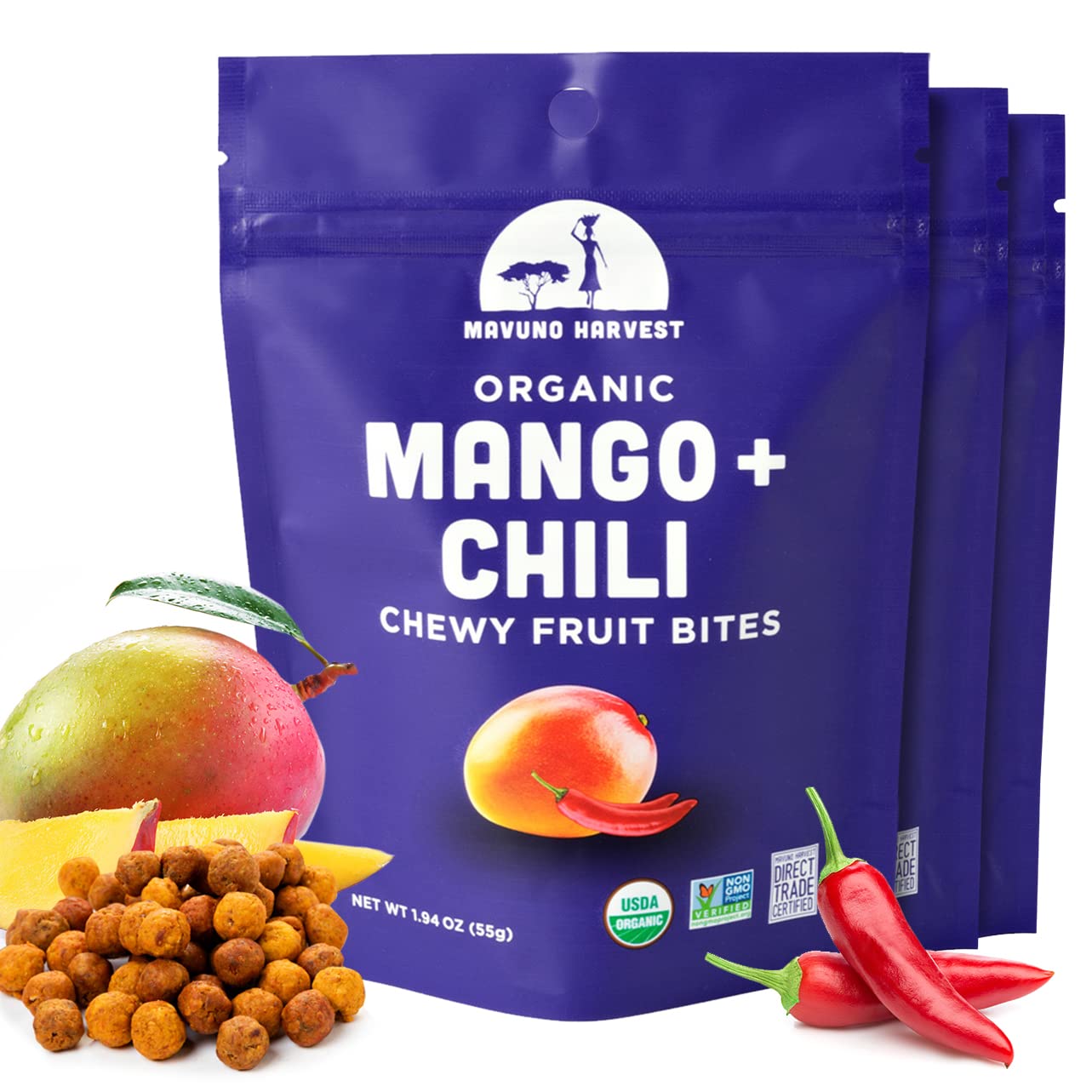 Mavuno Harvest Organic Fruit Snacks - Chewy Fruit Bites - Mango & Chili - 1.94 oz (Pack of 3) - Non-GMO, No Preservatives