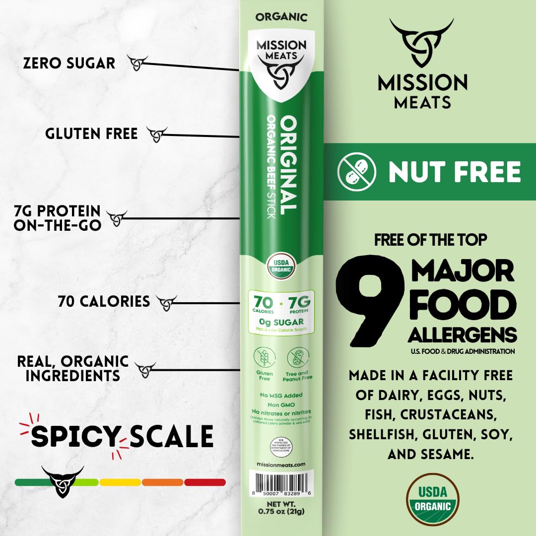 Mission Meats Beef Sticks - 100% Usda Certified Organic Snacks For Kids And Toddlers - Made With Organic, Grass Fed, And Pasture