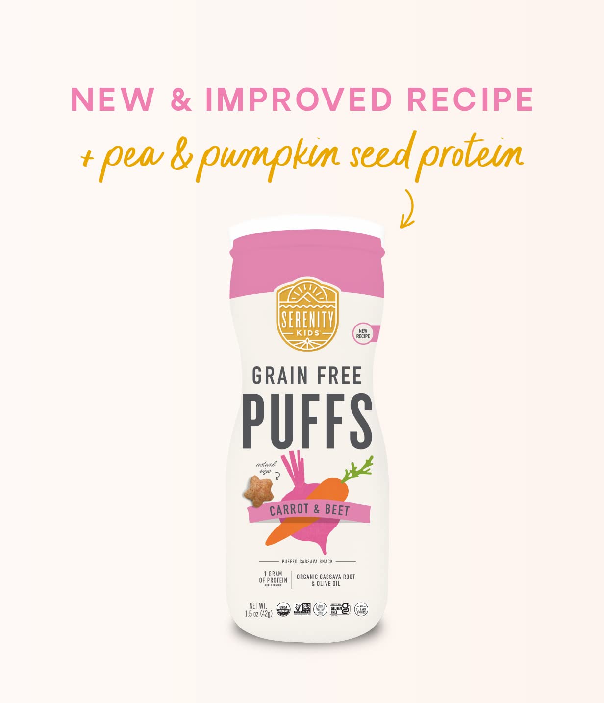 Serenity Kids 6+ Months Grain-Free Allergen-Safe Puffs For Toddlers & Babies - No Grains, Gluten, Nuts, Rice - Organic Veggies, Legumes, Olive Oil (1.5 Ounce (1 Count), Carrot & Beet)