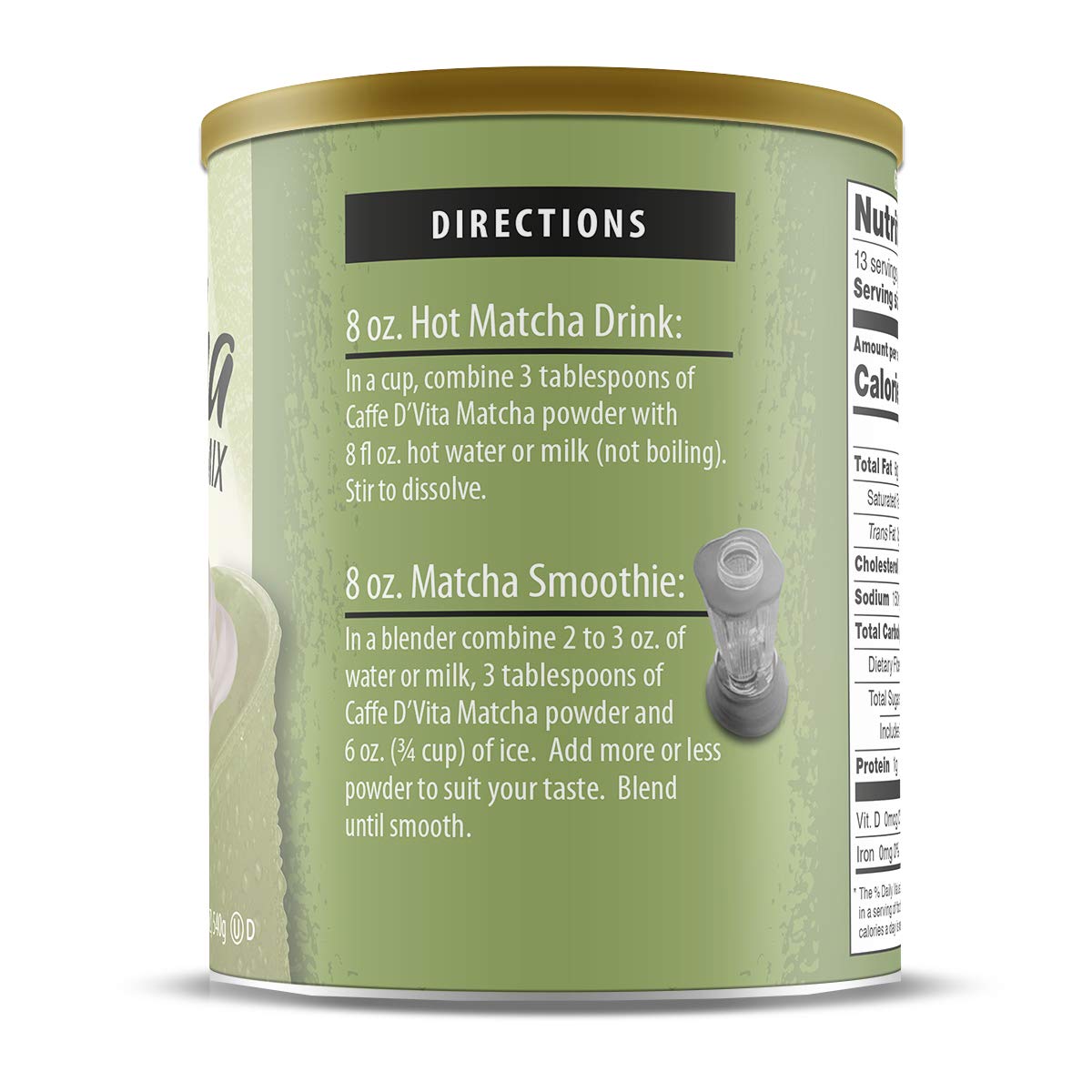 Caffe DVita Matcha Green Tea Drink Mix, Gluten Free, Low Fat, 19 Oz Can