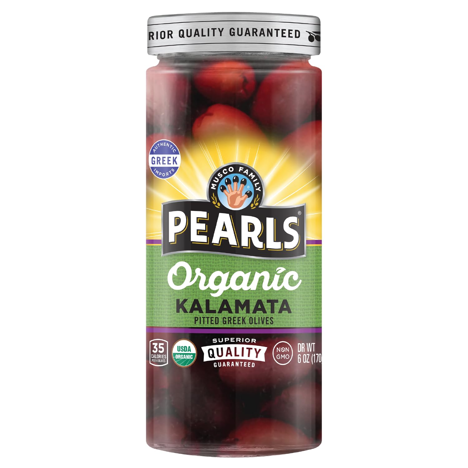 PEARLS Organic Pitted Kalamata Greek Olives, 6 oz Jars, Pack of 6