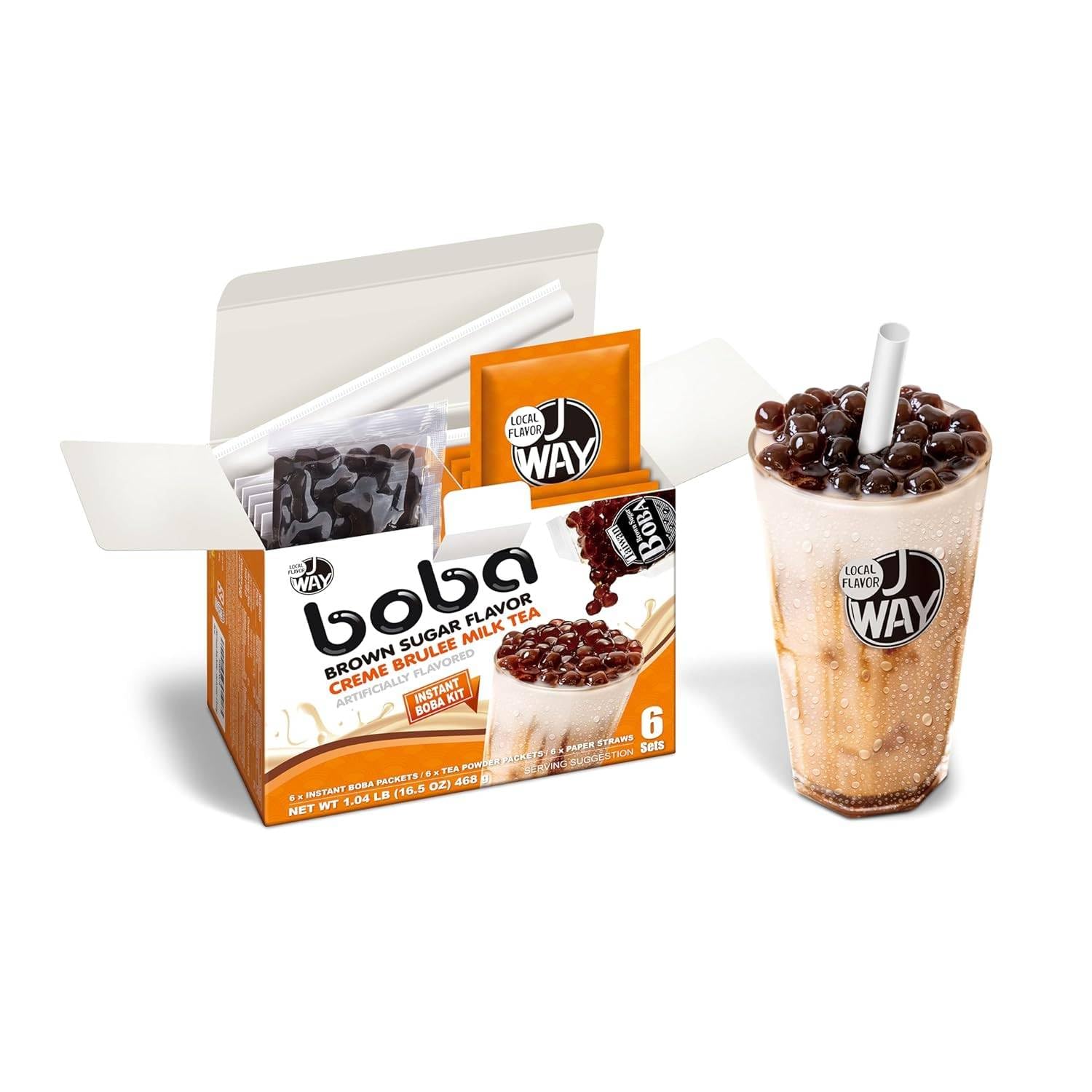J WAY Instant Boba Bubble Pearl Milk Tea Kit with Authentic Crme Brulee Tapioca Boba, Ready in Under One Minute, Paper Straws In
