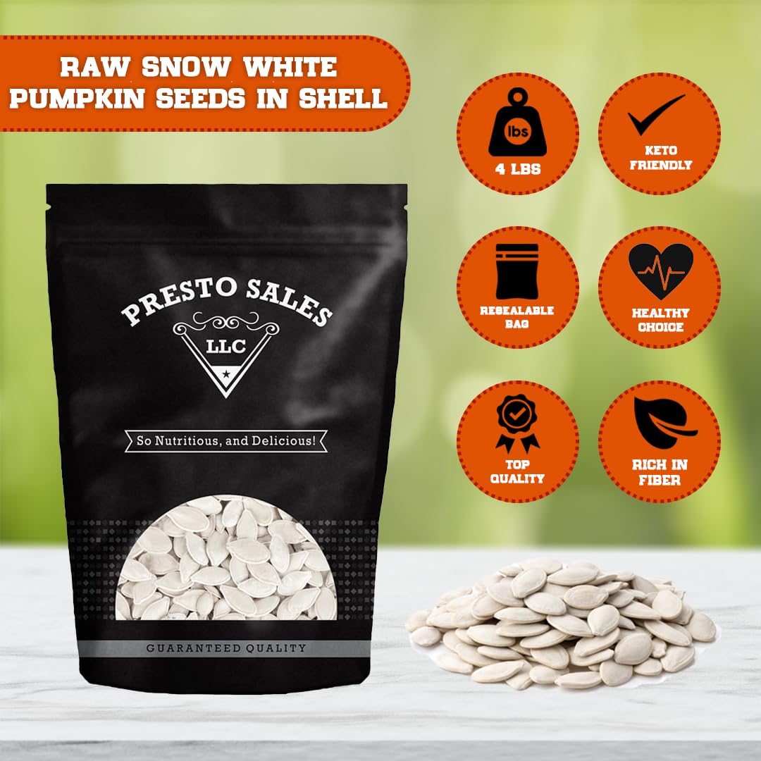 Pumpkin Seeds, Raw In shell Snow white, Oil Free, Healthy Snack, Crunchy, Delicious, Packed in a 4 lbs. (64 oz.) Resealable pouc